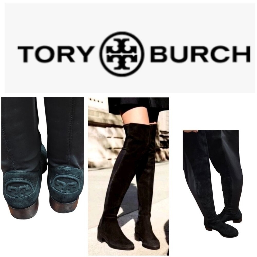 Tory Burch Caitlin Stretch Suede Over-The-Knee Boots, Black Size 7  $550